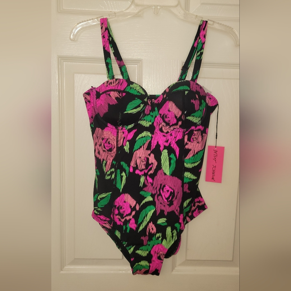 NWT Betsey Johnson Floral One Piece Bathing Suit Black, Pink, Green